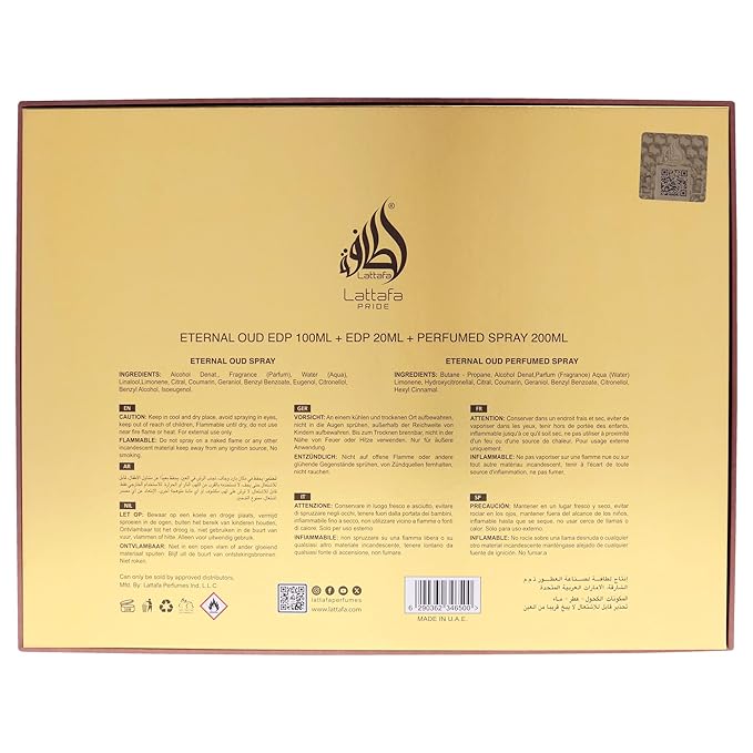 Lattafa Pride - Eternal Oud for Men - 3 Pc Gift Set 3.4oz EDP Spray, 6.67oz Perfumed Body Spray, 0.67oz EDP Spray