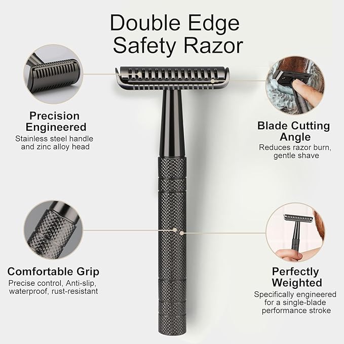 Double Edge Safety Razor for Men and Women, Stainless Steel Single Blade Metal Razor, with 10 Double Edge Blades, Smooth Close Gentle Shave, Plastic Free Zero Waste Shaving, Black