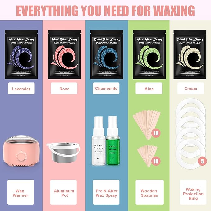 Waxing Kit - Wax Warmer for Hair Removal, Hard Wax Kit with 14oz 5 Bags Hard Wax Beans for Full Body, Legs, Face, Eyebrows, Bikini, Brazilian Waxing Kit for Women Men