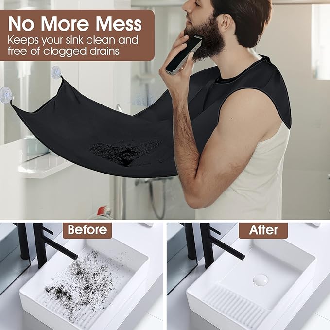 Beard Bib Apron, Stocking Stuffers Christmas White Elephant Gifts for Men Adults Dad Husband, Beard Hair Catcher for Sink, Non-Stick Beard Cape with 3 Suction Cups, Grooming Accessories(Black)