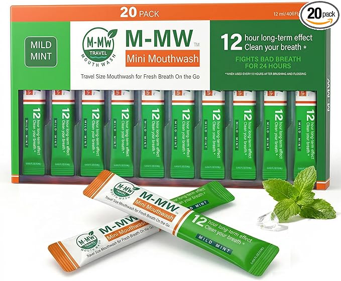 M-MW Travel Size Mouthwash Individual Packets, Alcohol Free Oral Rinse, Bad Breath Treatment for Adults, Mild Mint Flavor, Travel Essentials Toiletries (20 Count)