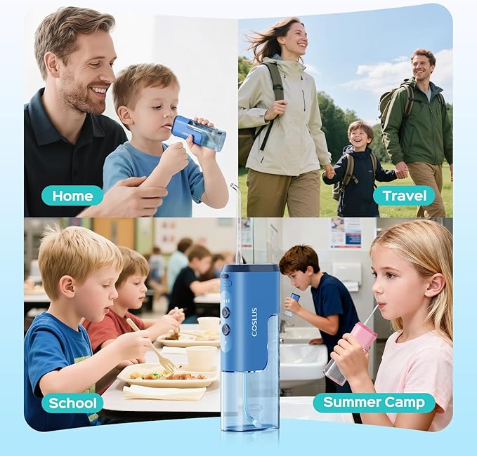 COSLUS Portable Water Flosser for Kids: 4 Gentle Modes for Ages 6+, Braces & Sensitive Teeth - with Fun DIY Stickers, 4 Storable Nozzles, Mini Compact for Home School & Travel Use, BPA-Free, Blue
