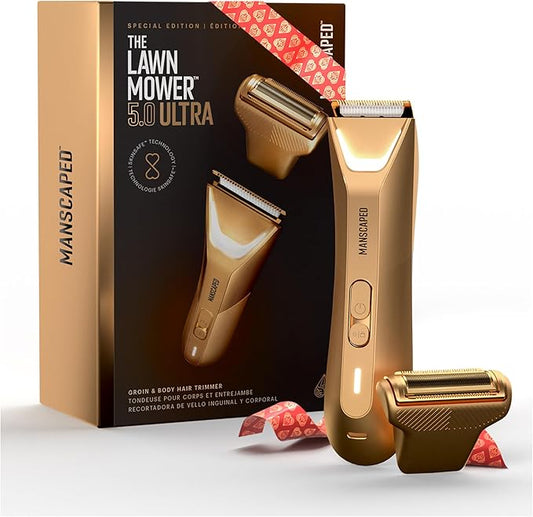 MANSCAPED® The Lawn Mower® 5.0 Ultra Groin & Body Hair Trimmer – Dual-Head SkinSafe® Trimmer & Foil Blades, Waterproof Groomer, USB-C Rechargeable with Travel Case, Men’s Ball Shaver, Forged Gold
