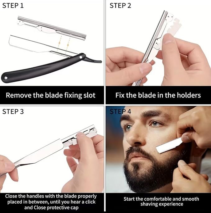 UM Supplies Straight Razors for Men – Professional Barber Straight Edge Razor Kit with 10 Replaceable Insert Single Edge Blades - Navajas Para Barbero (Black Slideout)