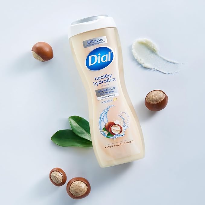Dial Body Wash, Healthy Hydration, Shea Butter Extract + Vitamin E, 16 fl oz (Pack of 4), Gentle, Leaves Skin Feeling Soft In 1 Shower, Dermatologist-Tested, No Parabens & Silicones