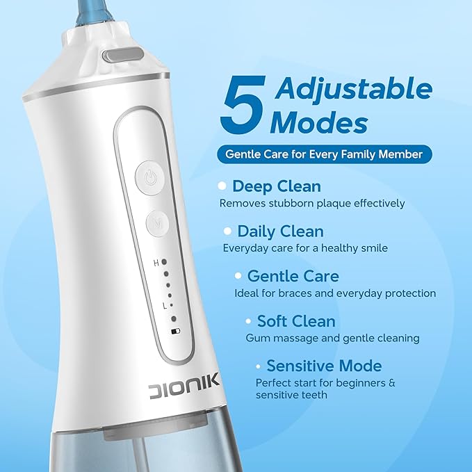 DIONIK Water Flosser Cordless for Teeth Cleaning, Rechargeable & Portable Oral Irrigator for Adults, Electric Water Dental Flosser with 5 Modes, Plaque Removal, Braces & Gum Care for Home & Travel