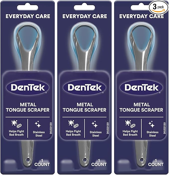 DenTek Metal Tongue Scraper for Better Oral Health – Removes Bacteria, Fights Bad Breath – 100% Stainless Steel, Dishwasher-Safe – Slim Design, Works Gently (Pack of 3)