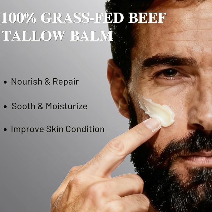 Beef Tallow Honey Balm, Grass-Fed Tallow Moisturizer for Face & Beard, Deep Hydration Cream with Bergamot Scent, Handmade Natural After Shave Care for Men, 2.1 oz