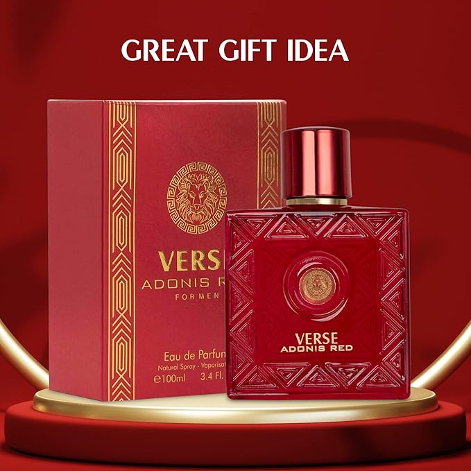 Verse Adonis Red for Men - 100ml Eau De Parfum Spray - Fruity Warm & Floral Fragrance Smell Fresh All Day Long Lasting Includes NovoGlow Carrying Pouch Gift for All Occasions