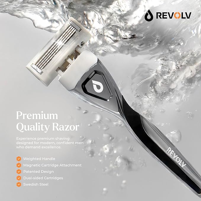 REVOLV - Men’s Razor - 1 Premium Weighted Handle + 1 Dual-Sided Cartridge - For a Closer, Smoother Shave - Safe on Sensitive Skin - Black