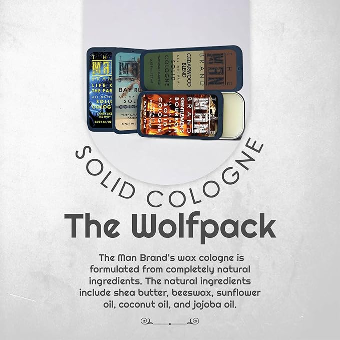 Solid Cologne Set with Bay Rum Solid Cologne, Bourbon Solid Cologne, Woodsman, and Life of the Party Solid Cologne - (Wolfpack Solid Cologne Sampler - 4 Pack - 0.75 oz each)