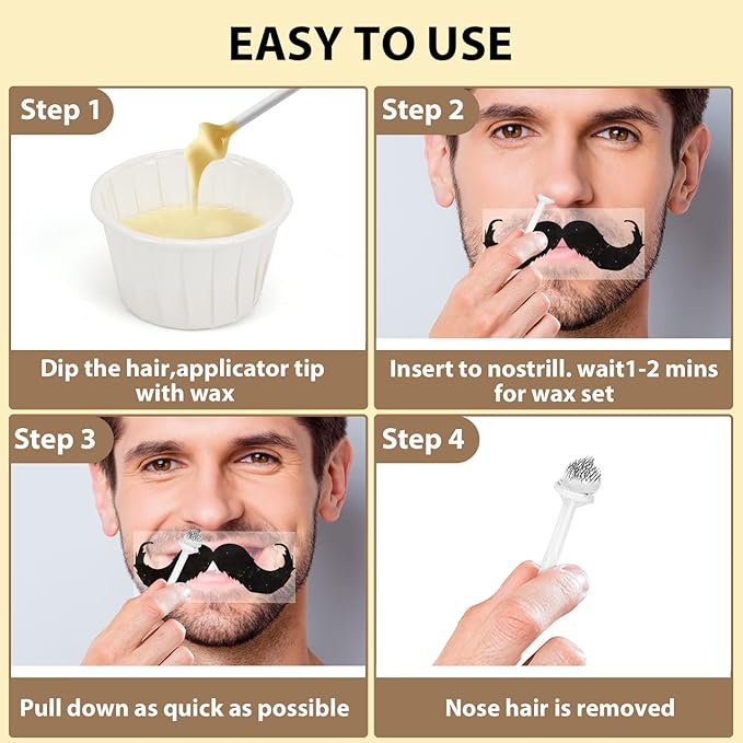 Nose Wax Kit Men Women, Bouvetan Nose Hair Waxing Kit with 100g Nose Hair Wax Beads (15-20 USES), 20 Applicator, 15 Mustache Protector, 10 Paper Cups, 1 Measuring Cup - Easy and Quick, Instant