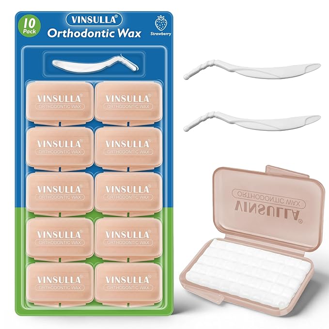 VINSULLA Orthodontic Wax for Braces - 500 Precut Dental Wax Dots Strawberry Flavor Braces Wax Strips, Safe for Kids & Adults, Wax for Dental Brackets & Aligners 10Pack