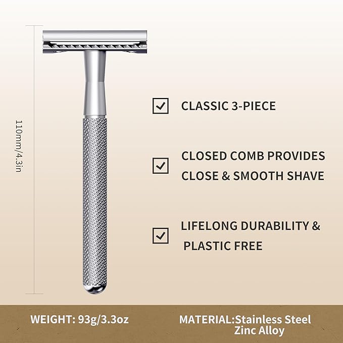 Gearhub Double Edge Safety Razor Stainless Steel Metal Reusable Wet Shaving Razor with 10 Swedish Platinum Blades for Men Women Barber Bikini Armpit Hair, Silver GRB3G
