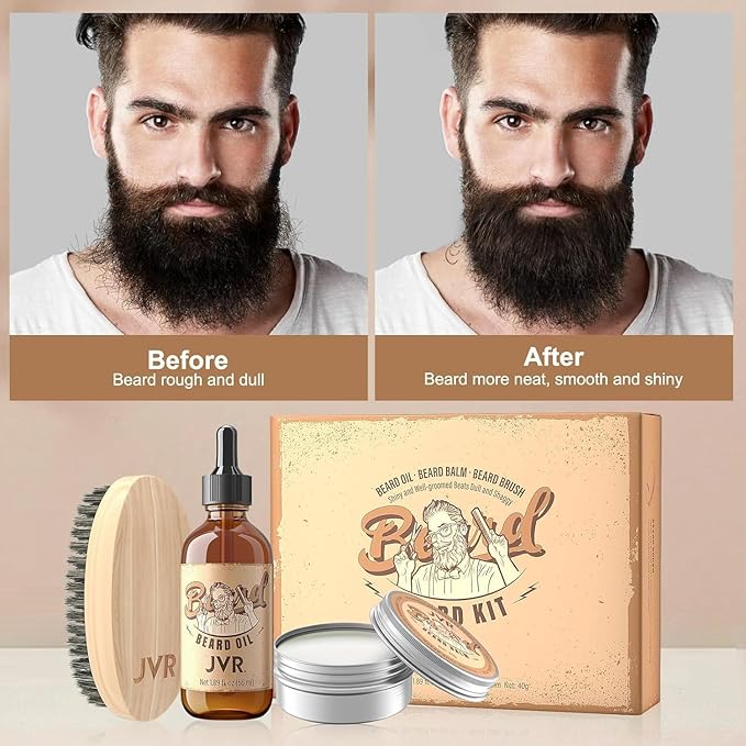 JVR Beard Grooming Kit for Men, Beard Care Kit Includes Oil and Balm,100% Boar Brush Vegan Just for Men Mustache, Perfect Gifts for Him Man Dad Boyfriend