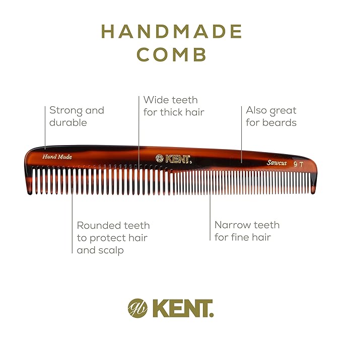 Kent 9T Tortoiseshell Fine and Wide Tooth Comb - Large Handmade and Saw-Cut Detangler for Wet Hair - Durable Grooming for Men and Women - Made in England