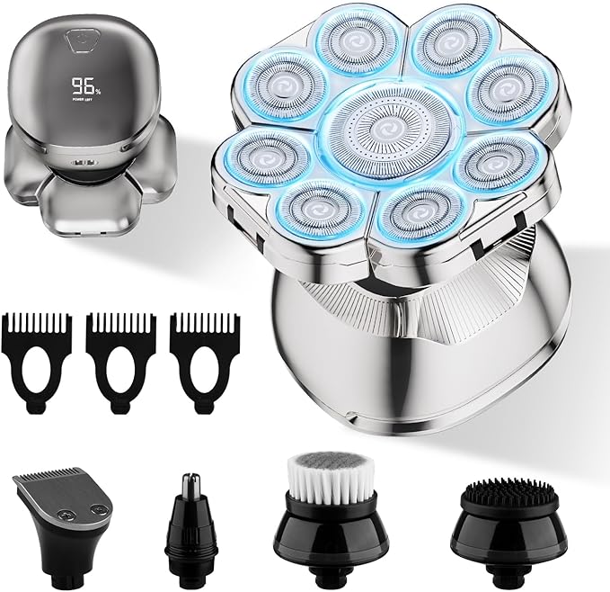 9D Head Shavers for Bald Men, 5-in-1 Upgraded Electric Razor, Cordless Rechargeable Electric Shavers for Men, IPX7 Waterproof Wet Dry Grooming Kit for Balder with LED Display, Gift for Husband Dad