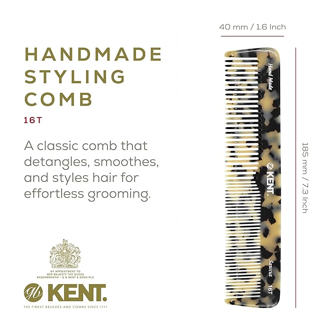 Kent 16T TW Fine and Wide Tooth for Daily Grooming,Handmade Styling Comb for All Hair Types,Wet or Dry Hair Detangling Comb for Men and Women,Saw Cut Hand Polished,Made in England