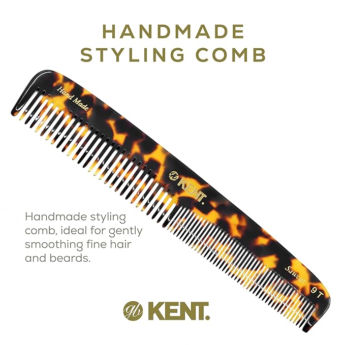 Kent 9T Fine Tooth & Wide Tooth Comb Detangler Hair Combs - Large Handmade & Saw-Cut Dressing Comb - Wet Hair Comb for Women, Durable Grooming Comb for Men, Made in England (Yellow Tokyo), 2 Count
