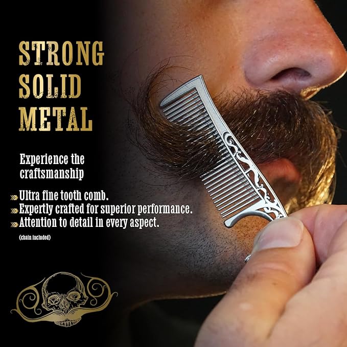 Mustache Wax Extra Strong Hold Bone Crusher (Heat Source Required) 1 oz Tin & Necklace Death Grip Mustache Comb Mens Combo Kit - Grooming For Men Handlebar Moustache