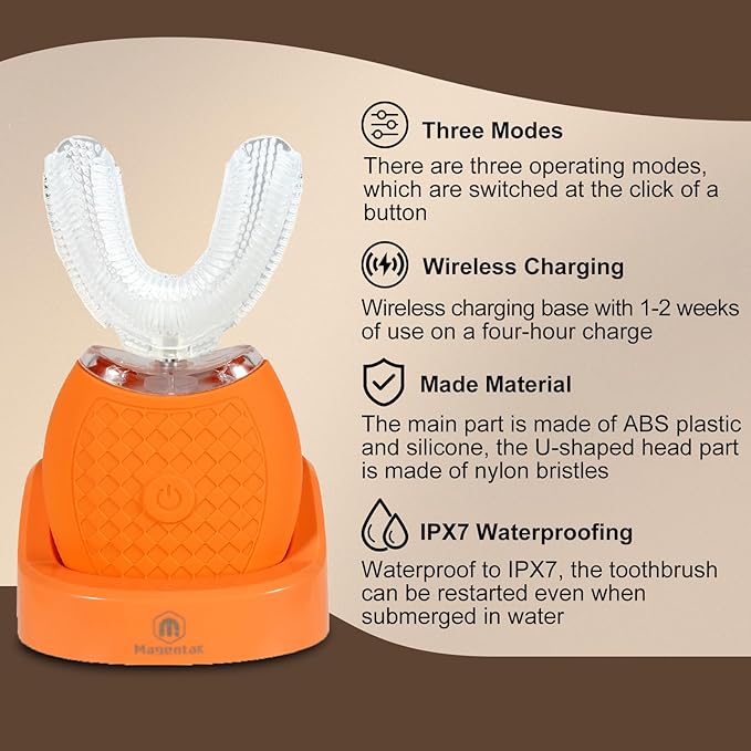 Ultrasonic U-Shaped Toothbrush for Adults, Electric Toothbrush for Teeth Whitening, Automatic 360-degree with Waterproof IPX7,3 Modes for Cleaning(Orange)