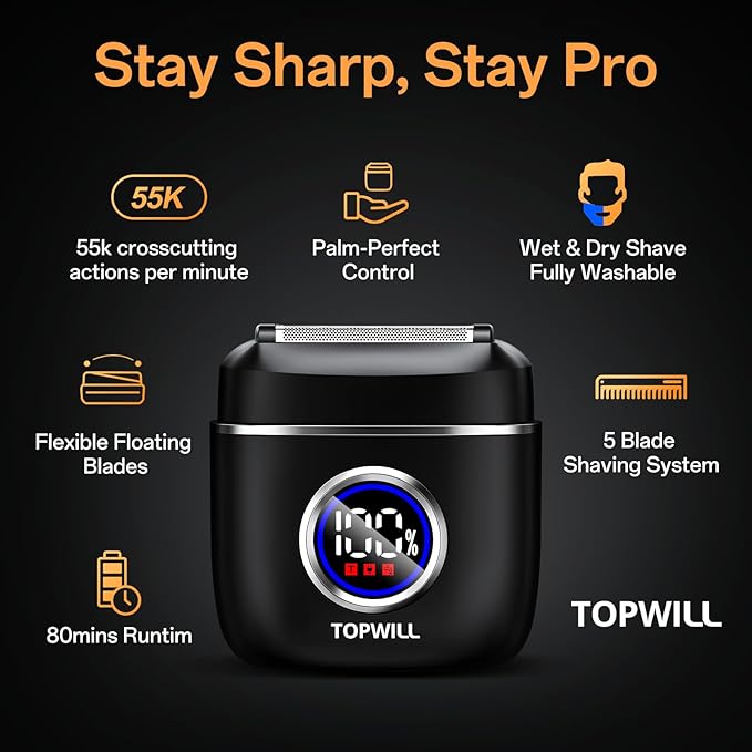 Electric Razor for Travel Men – 5 Blade Portable Foil Shaver with High-Speed Motor for Beard & Mustache Close Shave, Waterproof Wet/Dry Use, Mini Cordless USB-C Rechargeable, Black