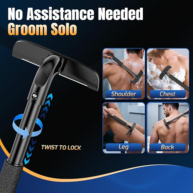 VEYLA Professional Skin-Safe Zero-Cut Back Shaver for Men, Extendable Aluminum Alloy Handle Up to 17.7 Inches, Wet & Dry Use Body Hair Trimmer and Groomer, DIY Nick-Free Mens Back Shaver (1 Pack)