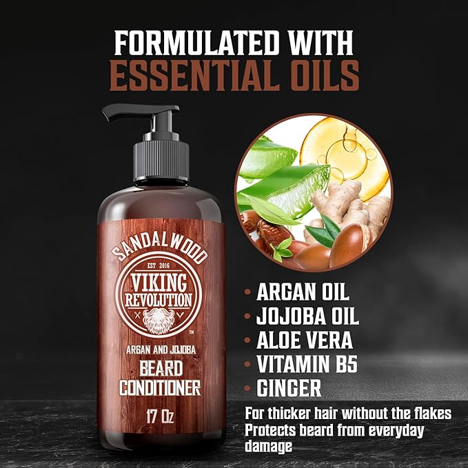 Viking Revolution Beard Conditioner w/Argan & Jojoba Oils - Softens & Strengthens - Sandalwood Scent - Beard Conditioner w/Beard Oil (17oz Conditioner)