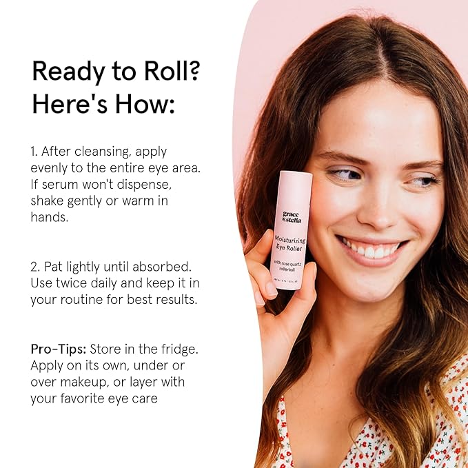 grace & stella Under Eye Brightener with Rose Quartz Rollerball - Hyaluronic Acid & Caffeine Under Eye Serum for Dark Circles & Puffiness - Gifts for Women, Travel Size Toiletries (15ml / 0.51floz)