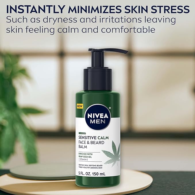NIVEA Men Sensitive Calm Face and Beard Balm, Men's Beard Balm for Sensitive Skin, 5 fl oz pump bottle