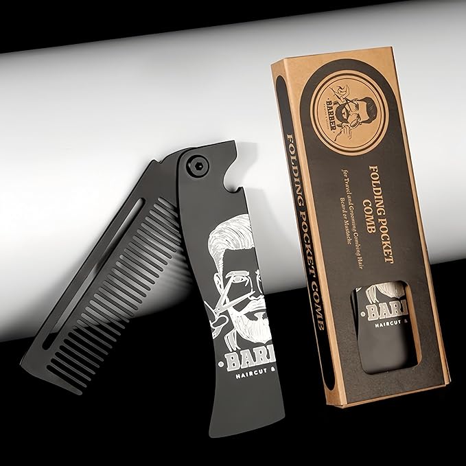Men's Metal Folding Pocket Beard & Mustache Comb, EDC Knife Comb with Bottle Opener for Outdool Travel - Anti-Static for Hair Styling Pompadour, Slicked-back, Fauxhawk, Undercut - Black