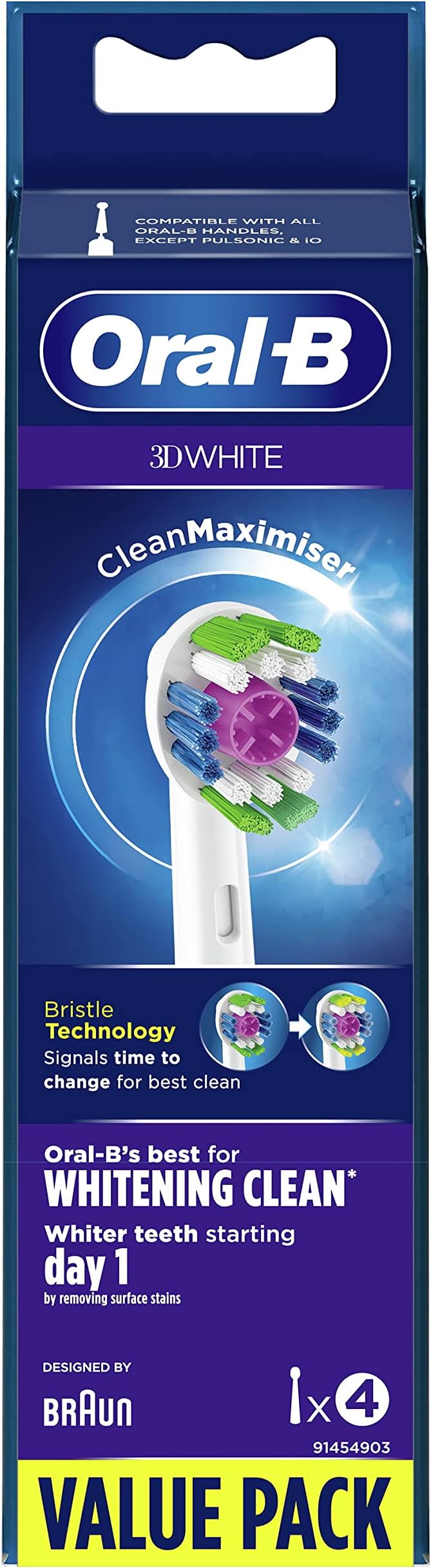 Oral-B 3D White Electric Toothbrush Head with CleanMaximiser Technology, Angled Bristles for Deeper Plaque Removal, Pack of 4, White