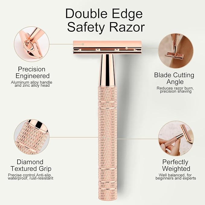 Shiny Rose Gold Safety Razor, Single Blade Razors for Women, with 10 Stainless Steel Double Edge Blades, Reusable Metal Razor, Eco-Friendly, Smooth and Close Shave, Sustainable, Plastic Free