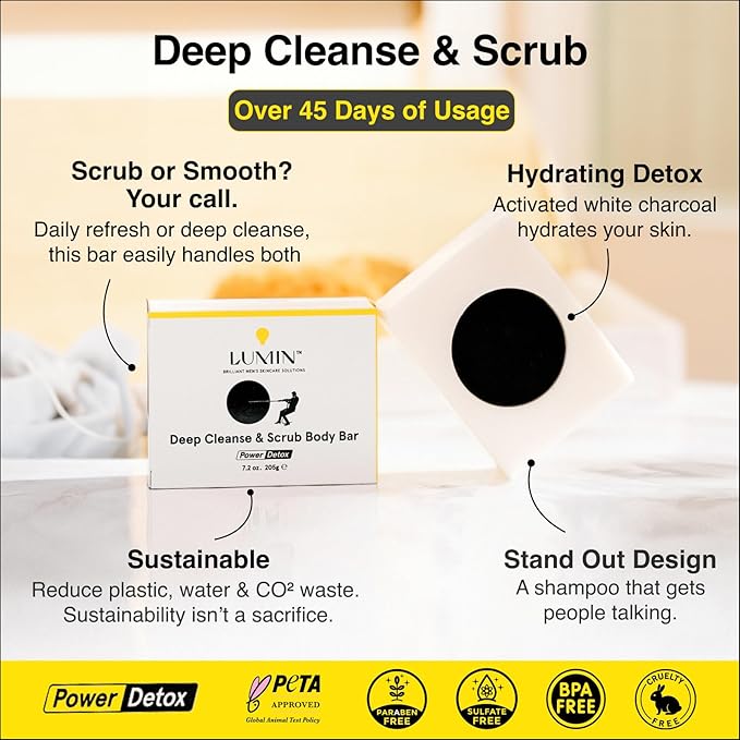 Lumin Men's Charcoal Body Soap - Premium Quality Bar Soap for Men - Natural, Nourishing and Cleansing - Best Soap for Men with Activated Charcoal - Ideal for All Skin Types