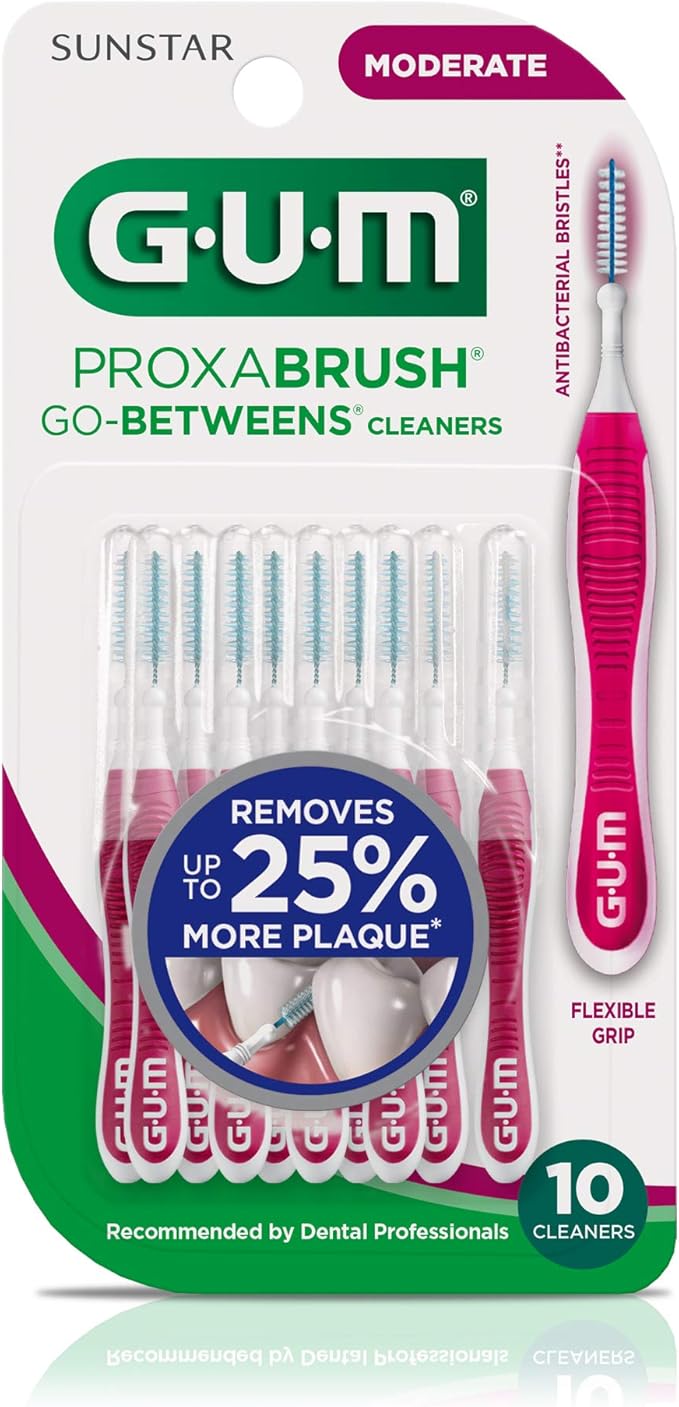 GUM Proxabrush Go-Betweens - Moderate - Interdental Brushes - Soft Bristled Dental Picks for Plaque Removal Health - Safe for Braces & Dental Devices, 10ct (Pack of 6)