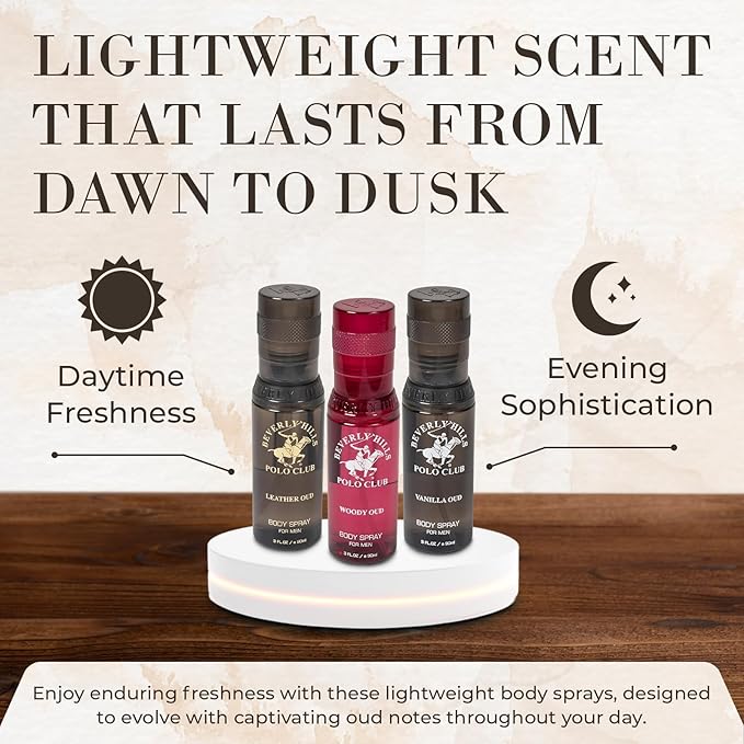 Beverly Hills Polo Club Mens Body Spray Gift Set - 3pc Collection of Oud Fragrances (Vanilla, Leather & Woody) in Sleek 3oz Bottles - Long-Lasting BHPC Cologne Body Sprays for Men