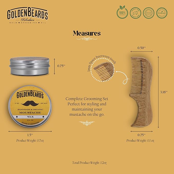 Golden Beards Moustache Wax & Eco Wood Vegan Comb Kit – Medium Hold Wax with Lime Scent & Eco Wood Comb 2.5 in – Handmade, Vegan, Cruelty-Free Moustache Styling Set