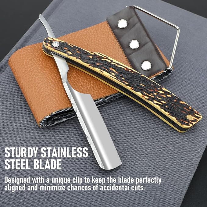 Straight Razor With Strope - Professional Straight Edge Barber Premium Stainless Steel Shaver With Shaving Strop for Men Home & Salon Grooming Using (NO.163)