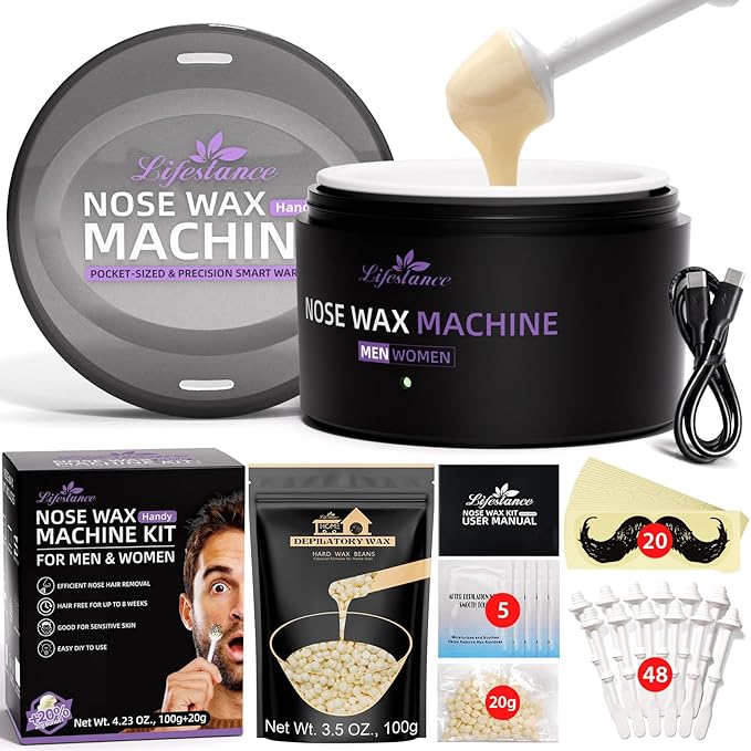 Lifestance Nose Wax Kit for Men & Women - 120g Nose Hair Wax Kit with USB Fast Heating, Smart Temp Control, 48 Sticks, Painless Ear Hair Removal, Compact, Travel-Ready, Multi-Accessories