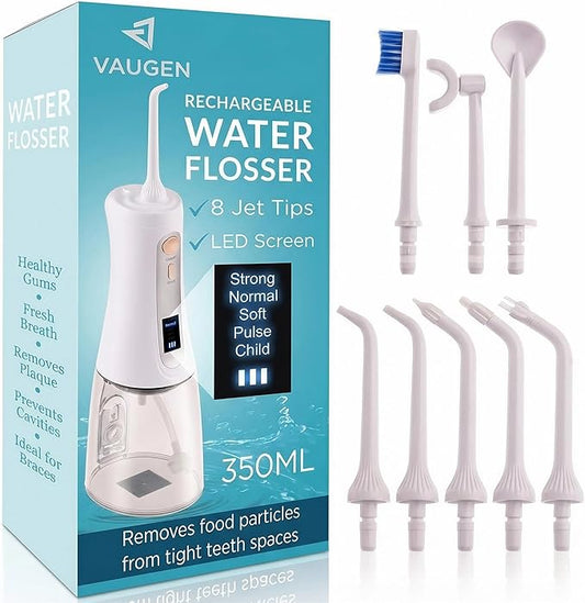 Cordless Portable Water Flosser – Rechargeable | 5 Smart Modes | LED Display | 350ML Tank | Deep Cleaning for Teeth & Gums | IPX7 Waterproof | 8 Tips