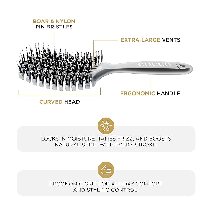 Cocco Vented Boar Brush, Curved Detangling & Styling Tool with Boar & Nylon Bristles, Silver