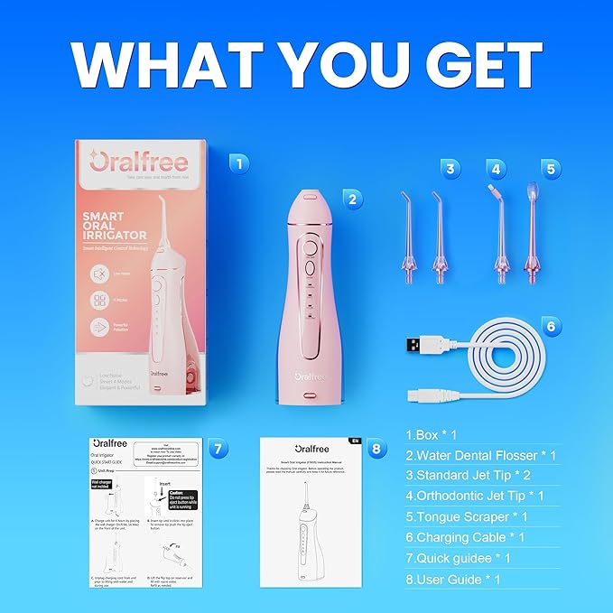 Oralfree Water flosser Teeth Picks - Dental Braces Cordless Oral Irrigator Portable Rechargeable Travel Irrigation Cleaner IPX7 Waterproof Electric Professional Flossing Teeth Cleaning for Home