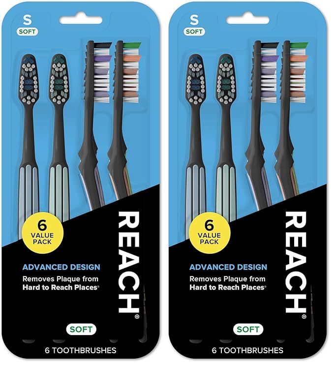 Reach Advanced Design Toothbrush with Toothbrush Cap, Angled Neck, Soft Bi-Level Bristles, Contoured Handle, Tongue Scraper, 6 Count (Pack of 2)