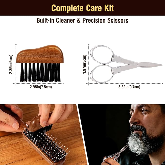 URTHEONE Premium Beard Brush Grooming Kit - 100% Natural Boar Bristle Hair Brush for Men, Ergonomic Handle,Cleaning Brush & Folding Scissors - Complete Beard Hair Care Set for Styling,Maintenance