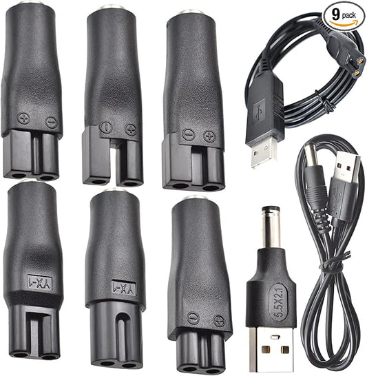 9 PCS Replacement Power Cord 5V Charger USB Adapter Suitable for Electric Hair Clippers, Beard Trimmers, Shavers, Beauty Instruments, Desk Lamps, Purifiers.