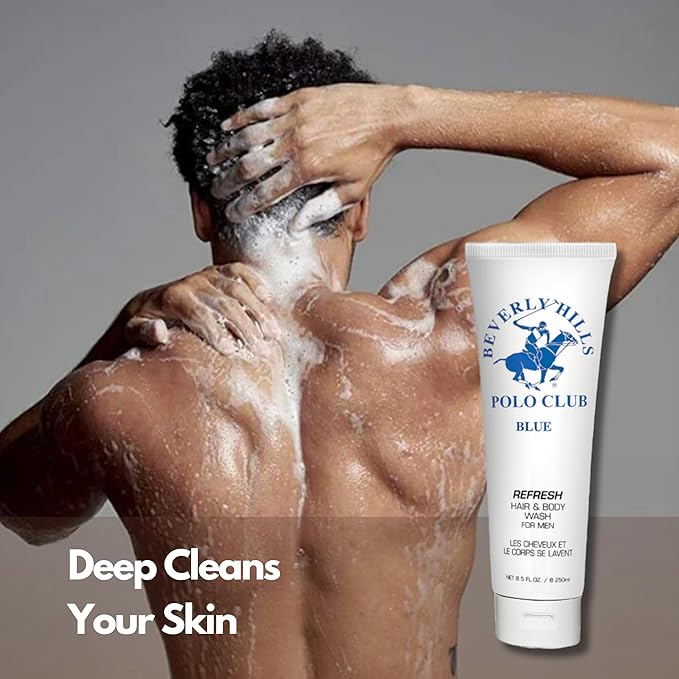 Beverly Hills Polo Club Men's Hair & Body Wash | Refreshing & Cleansing with Luxury Designer Scents | Long-Lasting Fragrance for Him (Blue)
