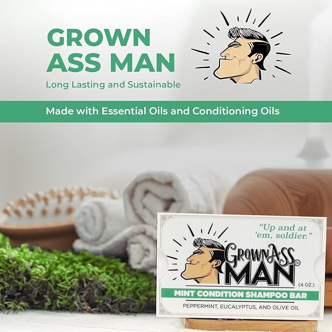 Grown Ass Man Co. - Solid Shampoo Bar Rich Lather 3 in 1: Hair, Beard & Body Wash - Plastic Free & Eco-Friendly, Natural & Organic Clean for All Hair Types, 4oz Bar (Mint Condition, 3-Pack)