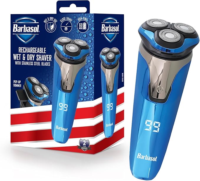 Rechargeable Electric Wet and Dry Rotary Shaver with Stainless Steel Blades, Pop Up Trimmer and LCD Screen