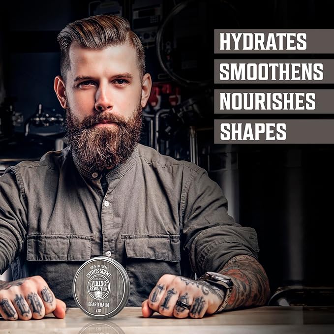Viking Revolution BEST DEAL Beard Balm with Argan Oil & Mango Butter - Styles, Strengthens & Softens Beards & Mustaches - Citrus Scent Leave in Conditioner Wax for Men