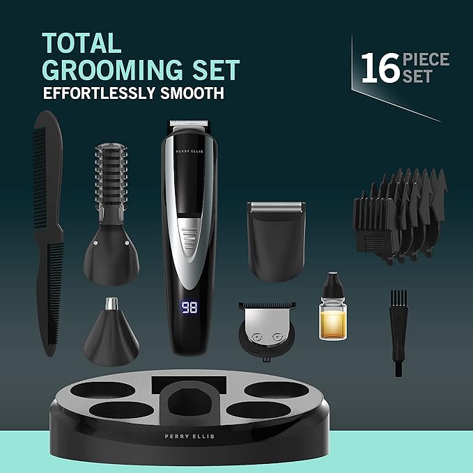 Perry Ellis 16-Piece Men’s Grooming Kit with Rechargeable Beard Trimmer & Electric Razor, Nose & Ear Hair Trimmer, Foil Shaver Head, LED Display, Charging Dock